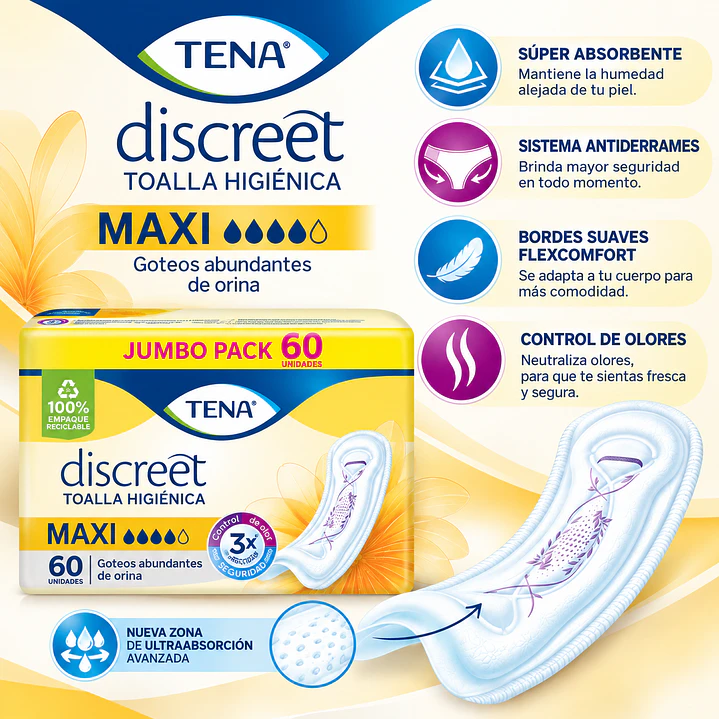 Tena Toalla Higienica Discreet Maxi Goteo Abundante X60 Unidad 4