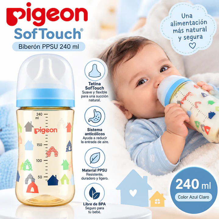 Biberón Softouch Pigeon Ppsu 240ml House Color Azul Claro 3