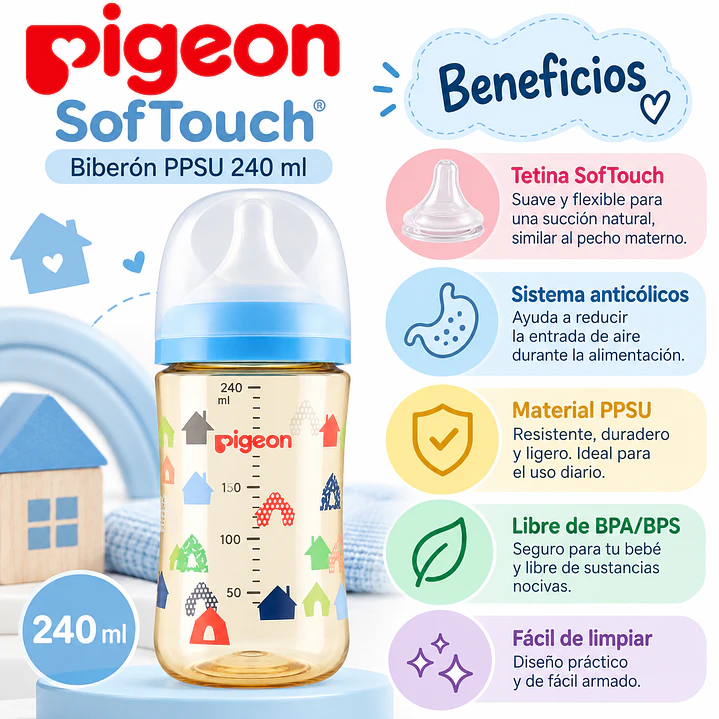 Biberón Softouch Pigeon Ppsu 240ml House Color Azul Claro 4