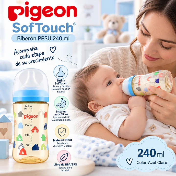 Biberón Softouch Pigeon Ppsu 240ml House Color Azul Claro 6
