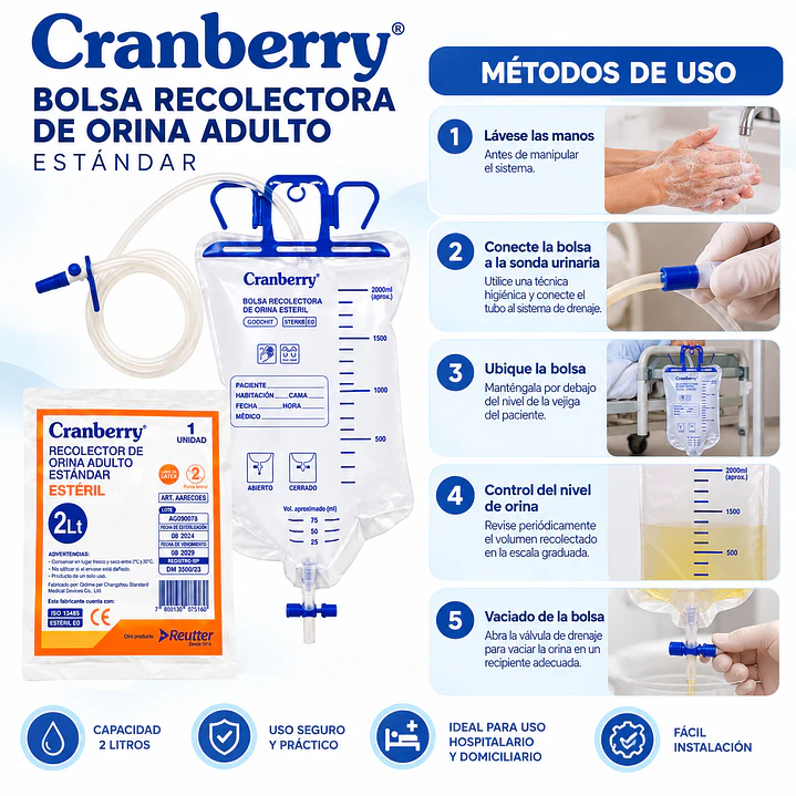 Bolsa Recolectora de Orina Adulto 2 Litros Cranberry Estándar 3