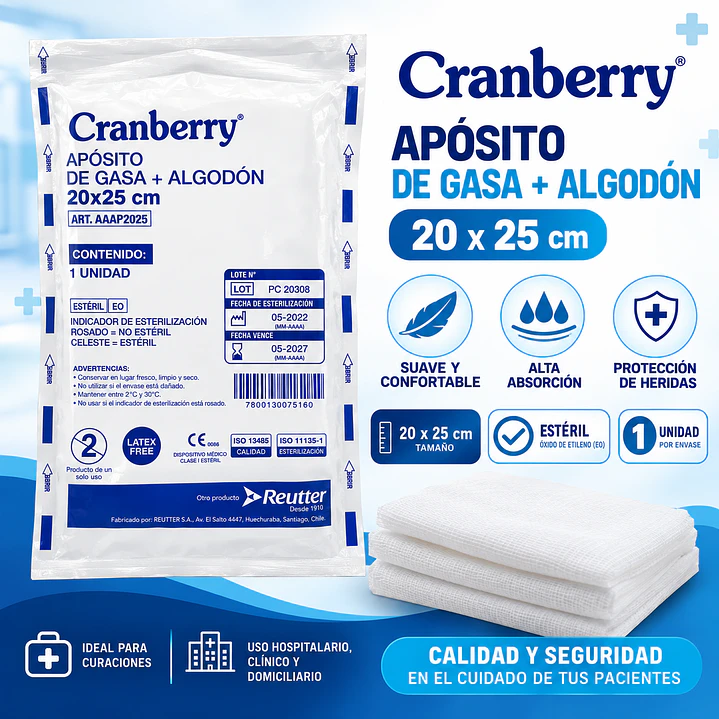Apósito de Gasa + Algodón 20x25 cm Estéril Pack X10 Unidades 3