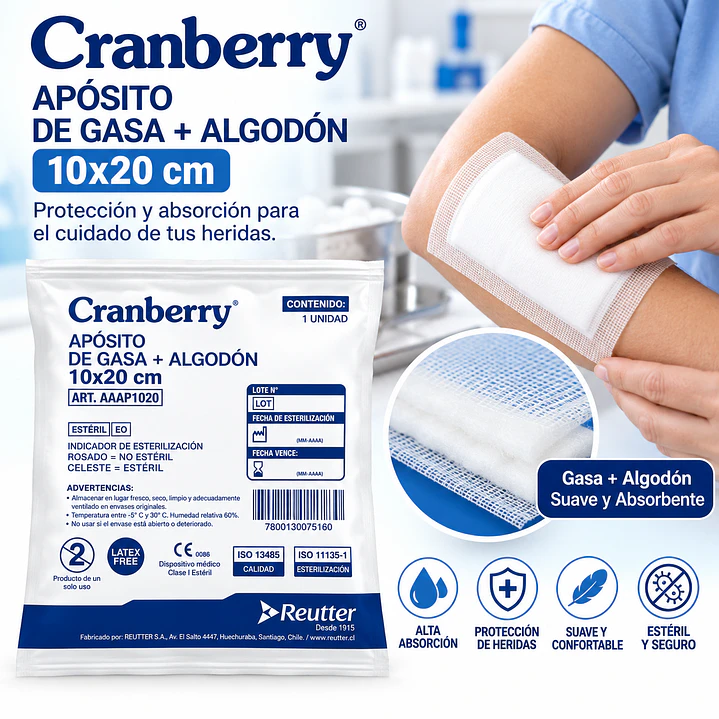 Apósito de Gasa + Algodón 10x20 cm Estéril Pack X10 Unidades 5
