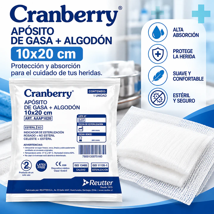Apósito de Gasa + Algodón 10x20 cm Estéril Pack X10 Unidades 6