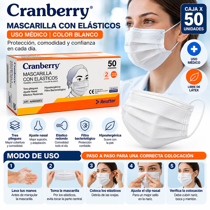 Mascarilla 3 Pliegues con Elástico Uso Médico Blanca X50 Cranberry 4