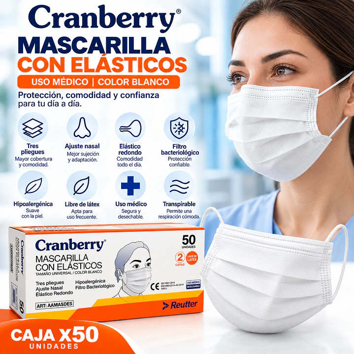 Mascarilla 3 Pliegues con Elástico Uso Médico Blanca X50 Cranberry 3