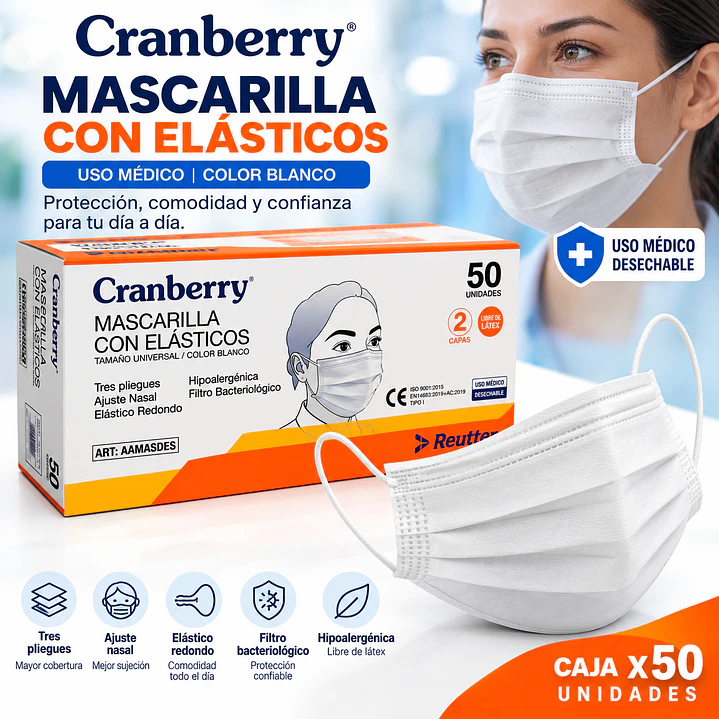 Mascarilla 3 Pliegues con Elástico Uso Médico Blanca X50 Cranberry 5