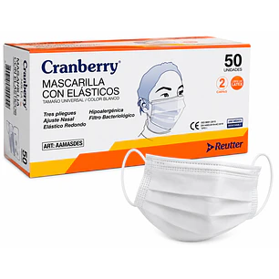 Mascarilla 3 Pliegues con Elástico Uso Médico Blanca X50 Cranberry