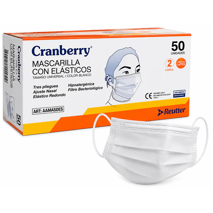 Mascarilla 3 Pliegues con Elástico Uso Médico Blanca X50 Cranberry 1