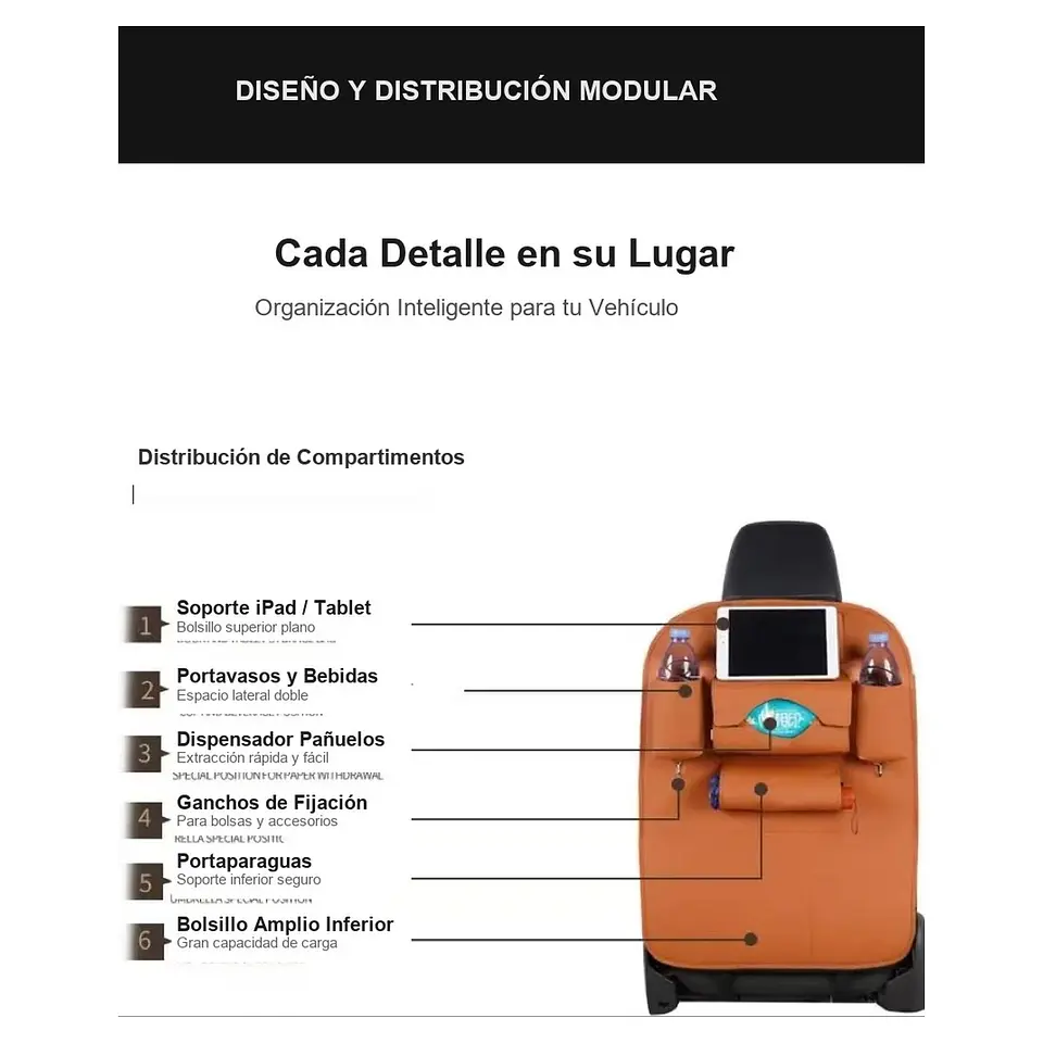 Organizador de Asiento de Auto en Ecocuero Premium con Porta Tablet 6