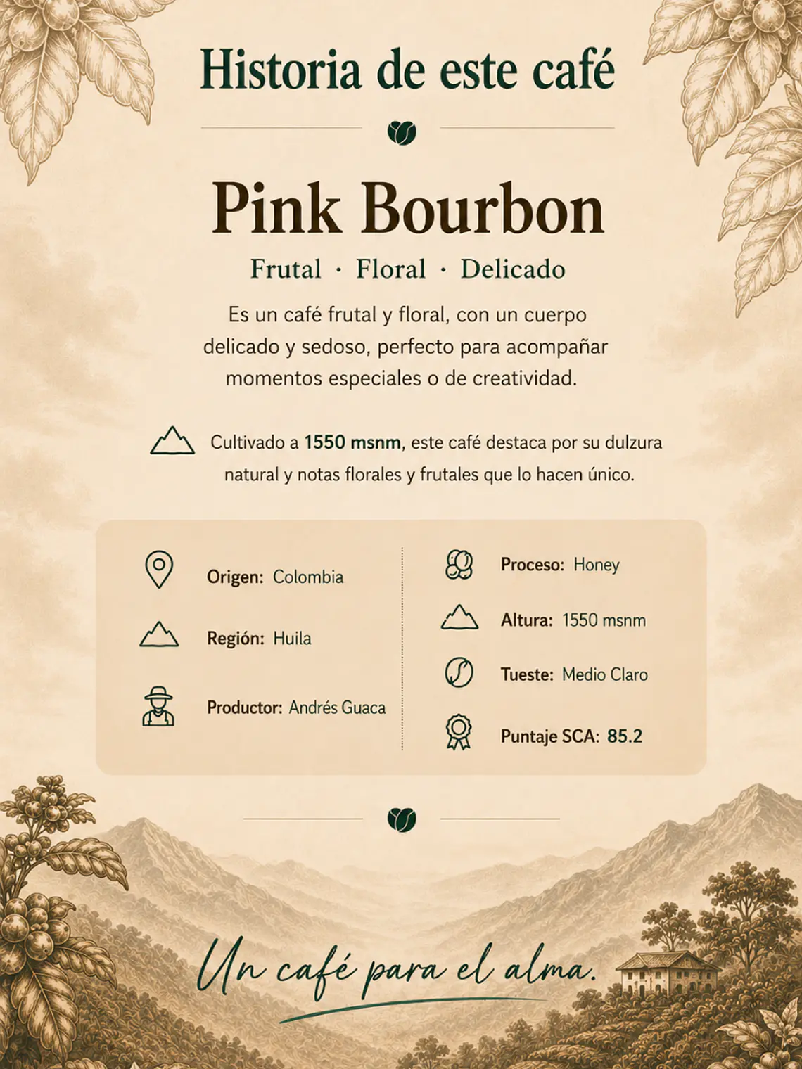 Café de Especialidad Colombia Pink Bourbon · Dulce y Elegante 250g  5