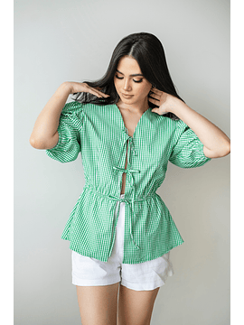 Blusa cuadritos manga bombacha con lazos 