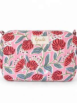 Set x 3 — Travel Pouches · Flores coral sobre rosa