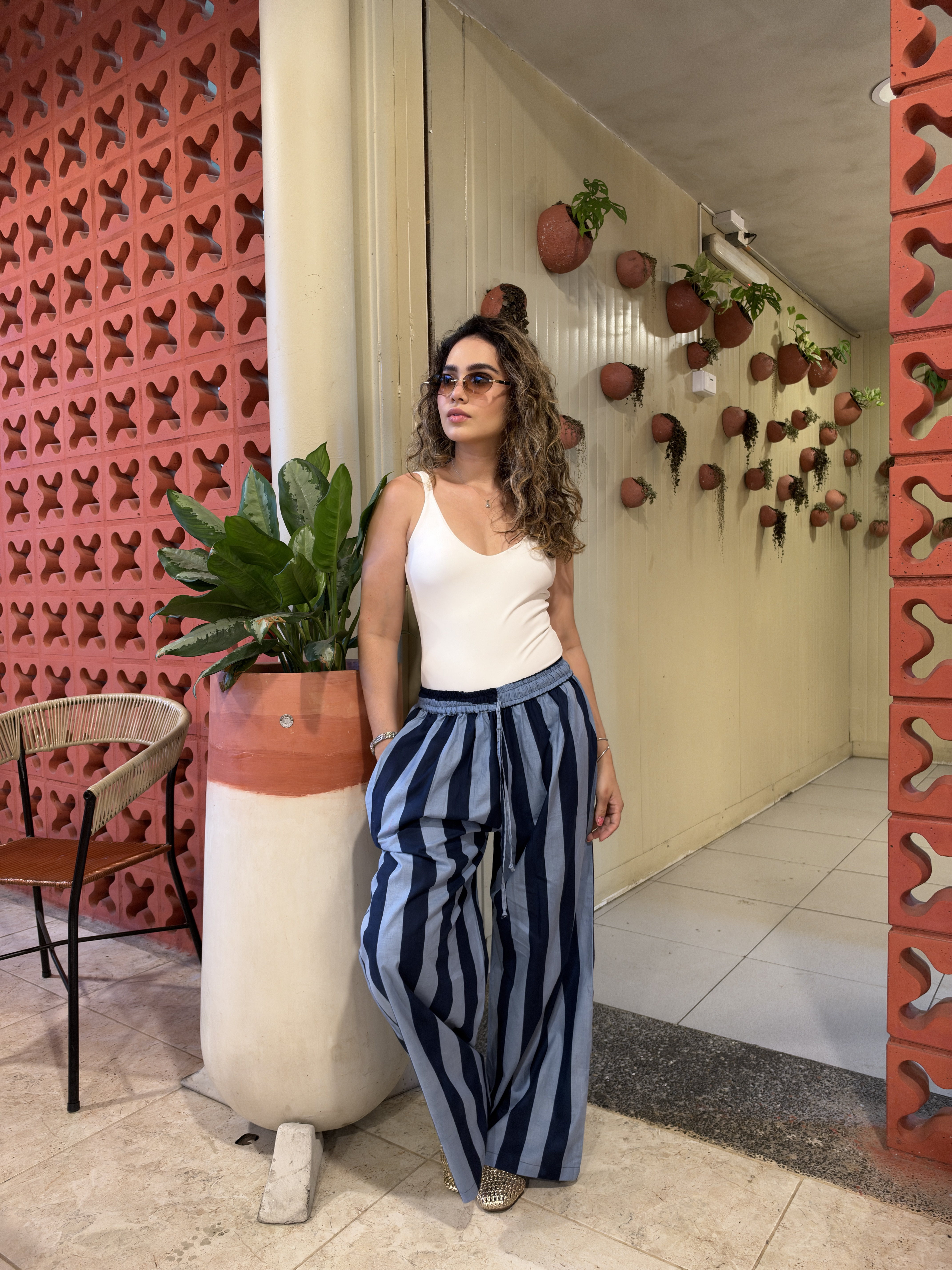Pantalón de Rayas en Algodón – Azul Riviera
