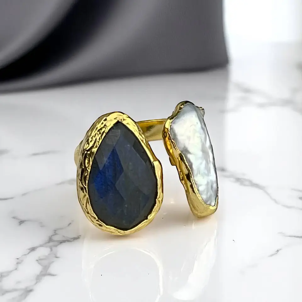 Anel de labradorite com pérola Keshi 1