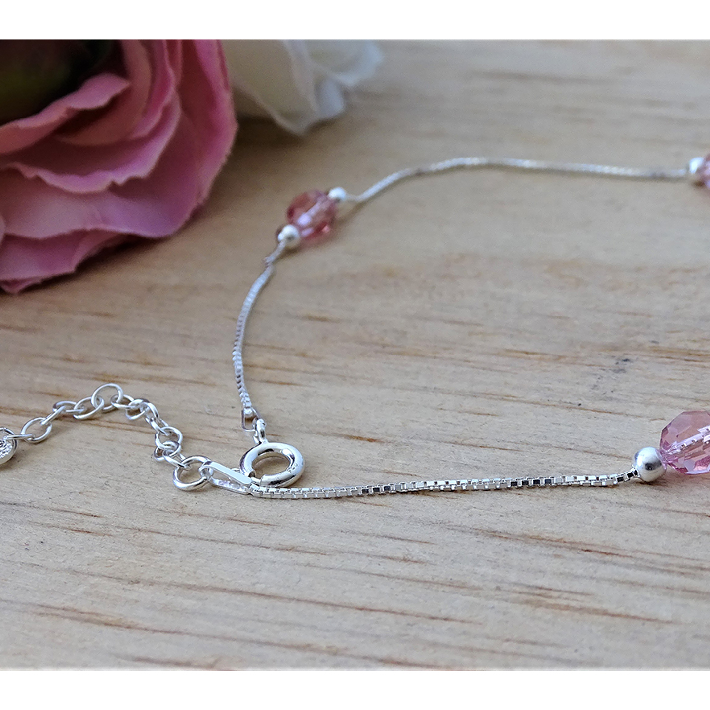 Tobillera De Plata 925 Con Cristal Rosa 3