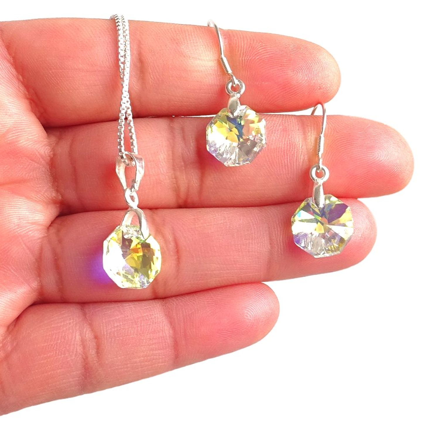 Conjunto De Plata 925 & Cristales Octágonos Aurora Boreal  4