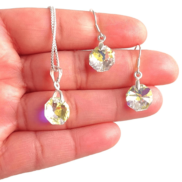 Conjunto De Plata 925 & Cristales Octágonos Aurora Boreal  4