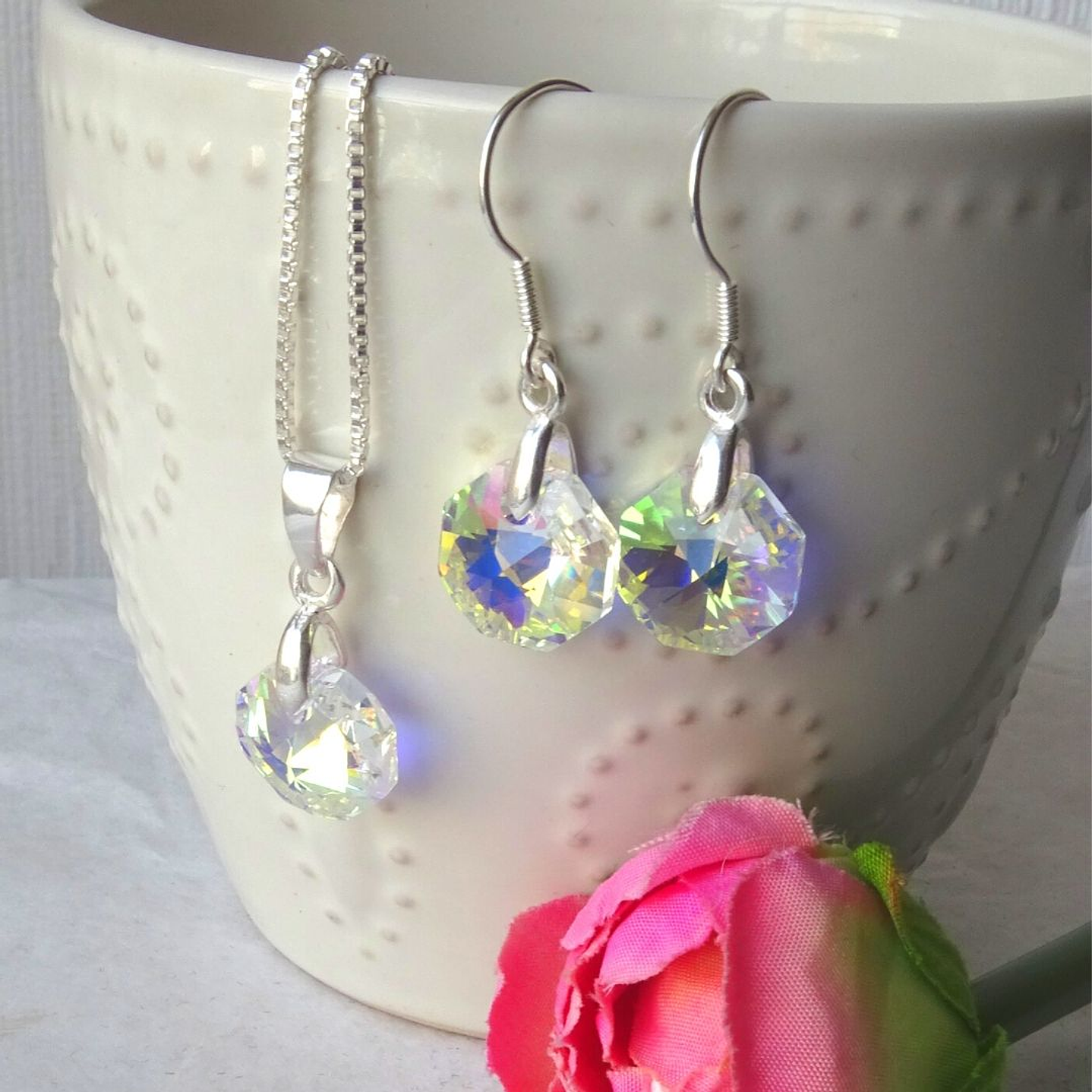 Conjunto De Plata 925 & Cristales Octágonos Aurora Boreal  3