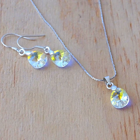 Conjunto De Plata 925 Cristales Gotas Destellos Aurora Boreal