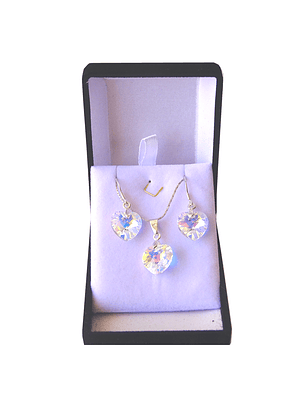 Conjunto De Plata 925 Cristales Corazones Aurora Boreal 