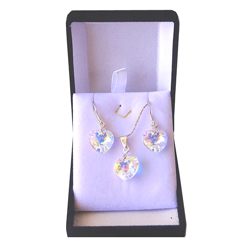 Conjunto De Plata 925 Cristales Corazones Aurora Boreal 