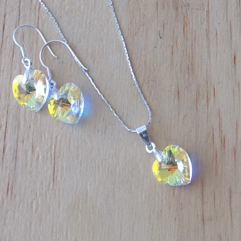Conjunto De Plata 925 Cristales Corazones Aurora Boreal 