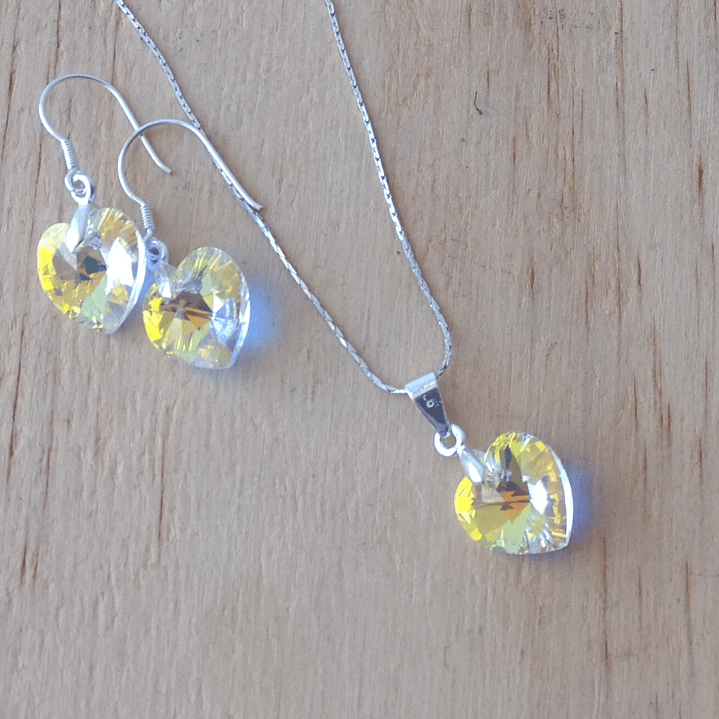 Conjunto De Plata 925 Cristales Corazones Aurora Boreal  2