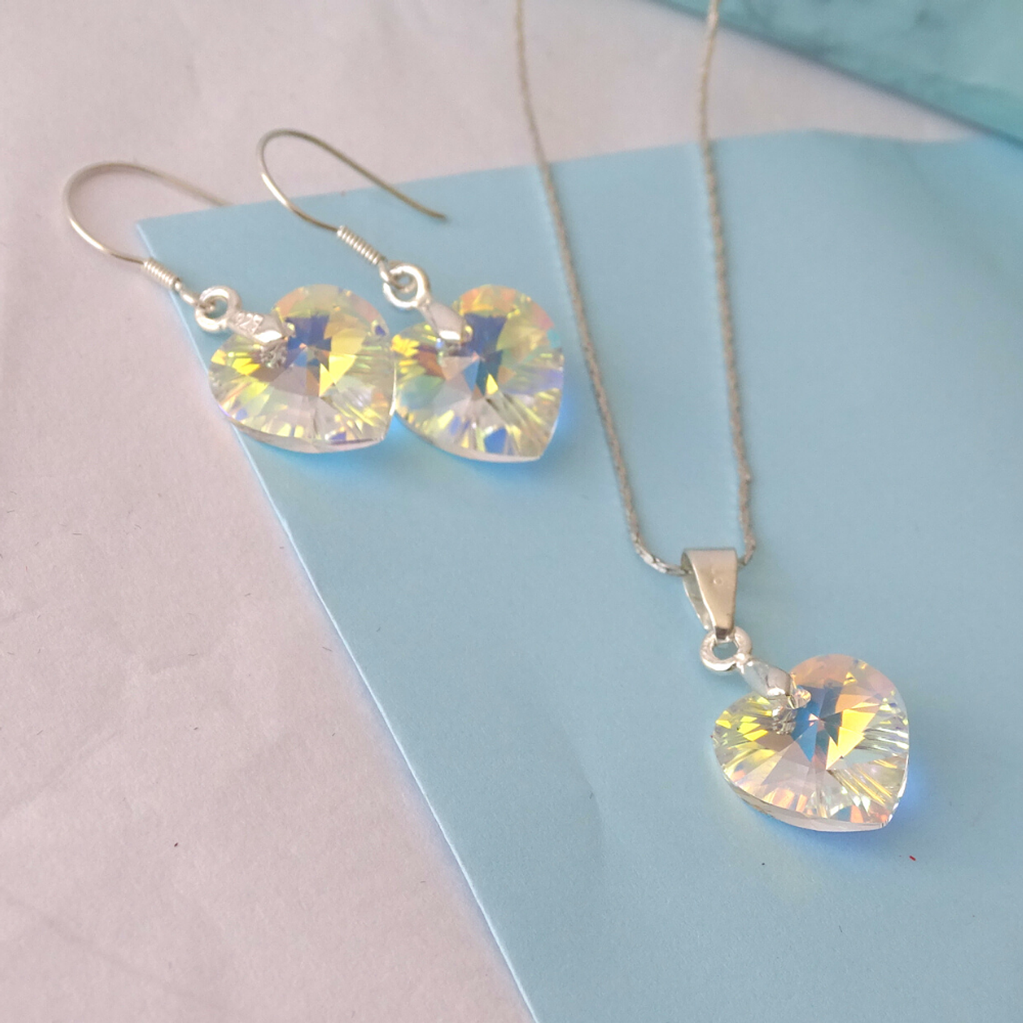 Conjunto De Plata 925 Cristales Corazones Aurora Boreal  3