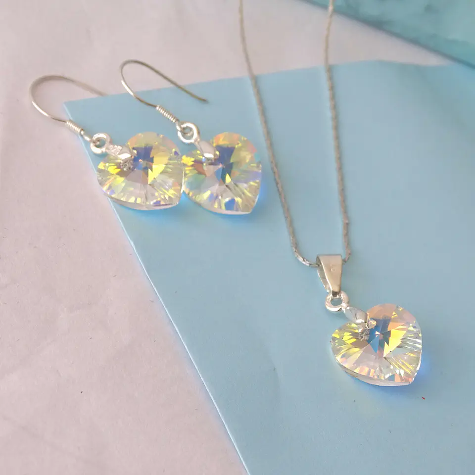 Conjunto De Plata 925 Cristales Corazones Aurora Boreal  3