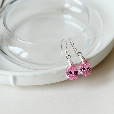 Aros De Plata 925 Gotas De Cristal Rosa