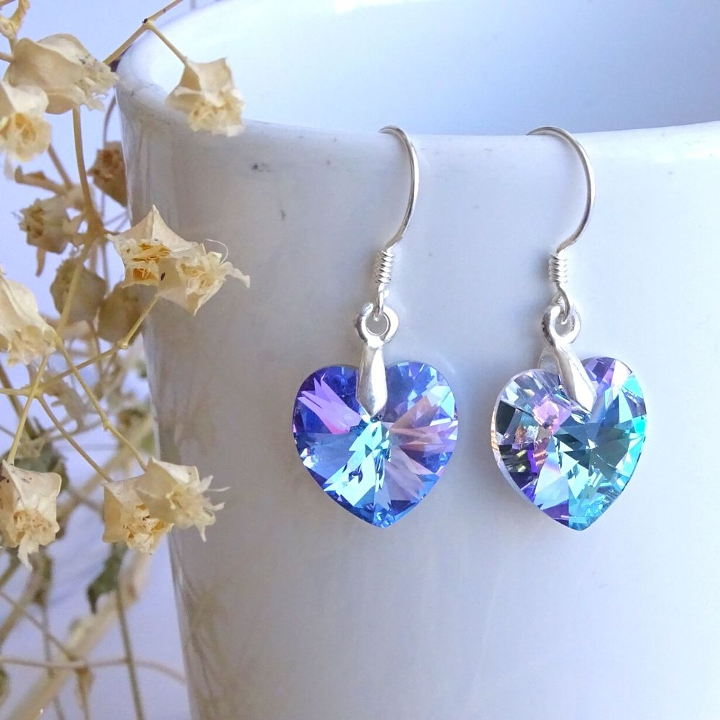 Aros De Plata 925 de Corazón Cristal Violeta/Rosa/Azul/Negro/ Aurora Boreal 4
