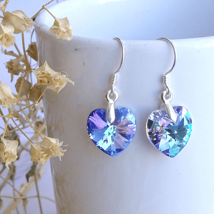 Aros De Plata 925 de Corazón Cristal Violeta/Rosa/Azul/Negro/ Aurora Boreal 4