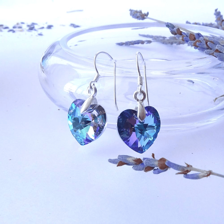 Aros De Plata 925 de Corazón Cristal Violeta/Rosa/Azul/Negro/ Aurora Boreal 5