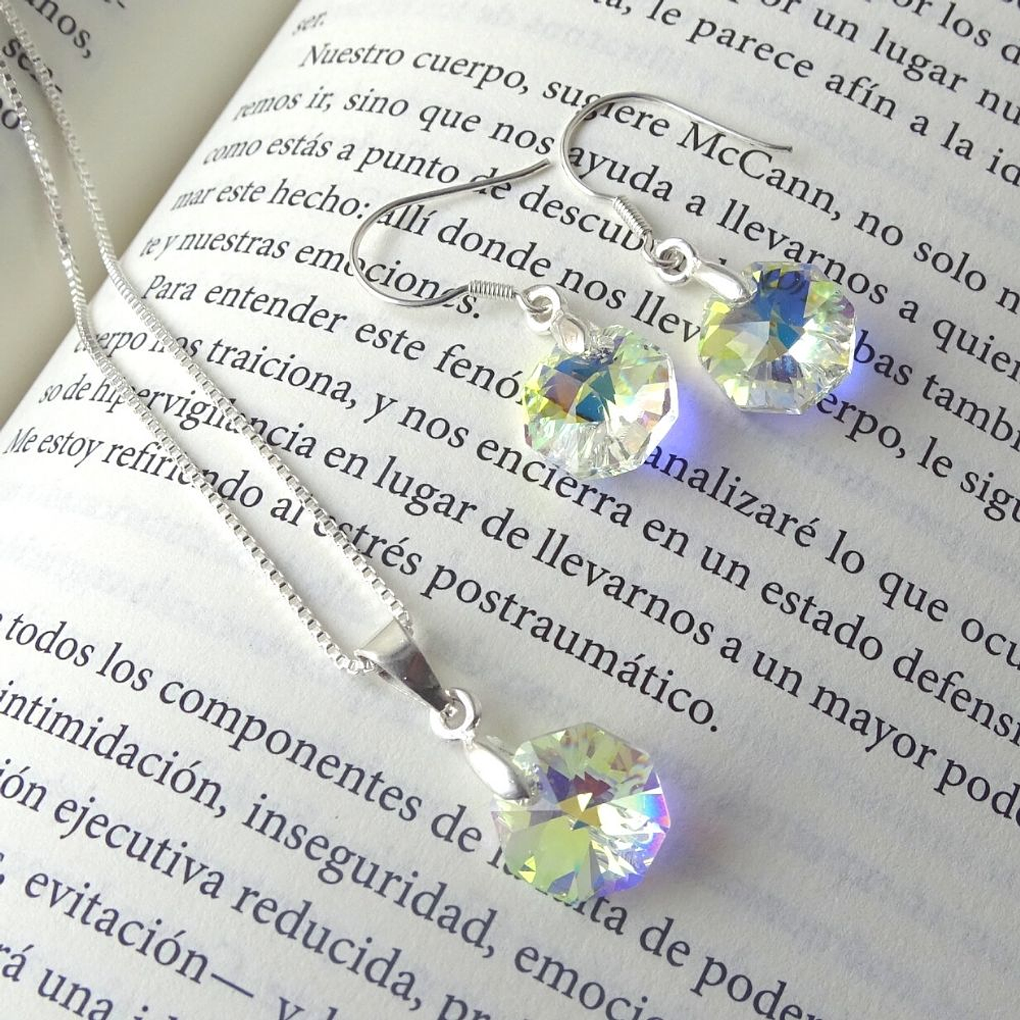 Conjunto De Plata 925 & Cristales Octágonos Aurora Boreal  2