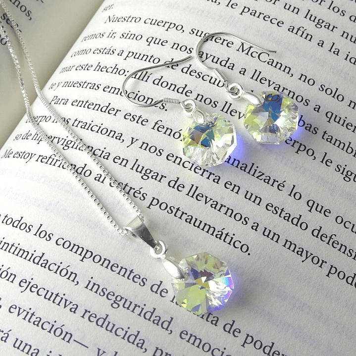 Conjunto De Plata 925 & Cristales Octágonos Aurora Boreal  2