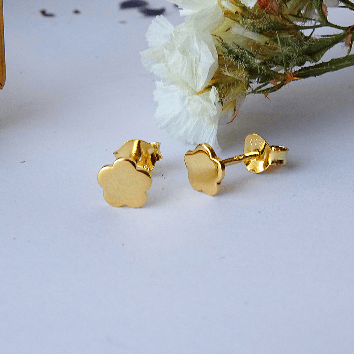 Aritos De Plata Con Baño De Oro Flor Plana 4