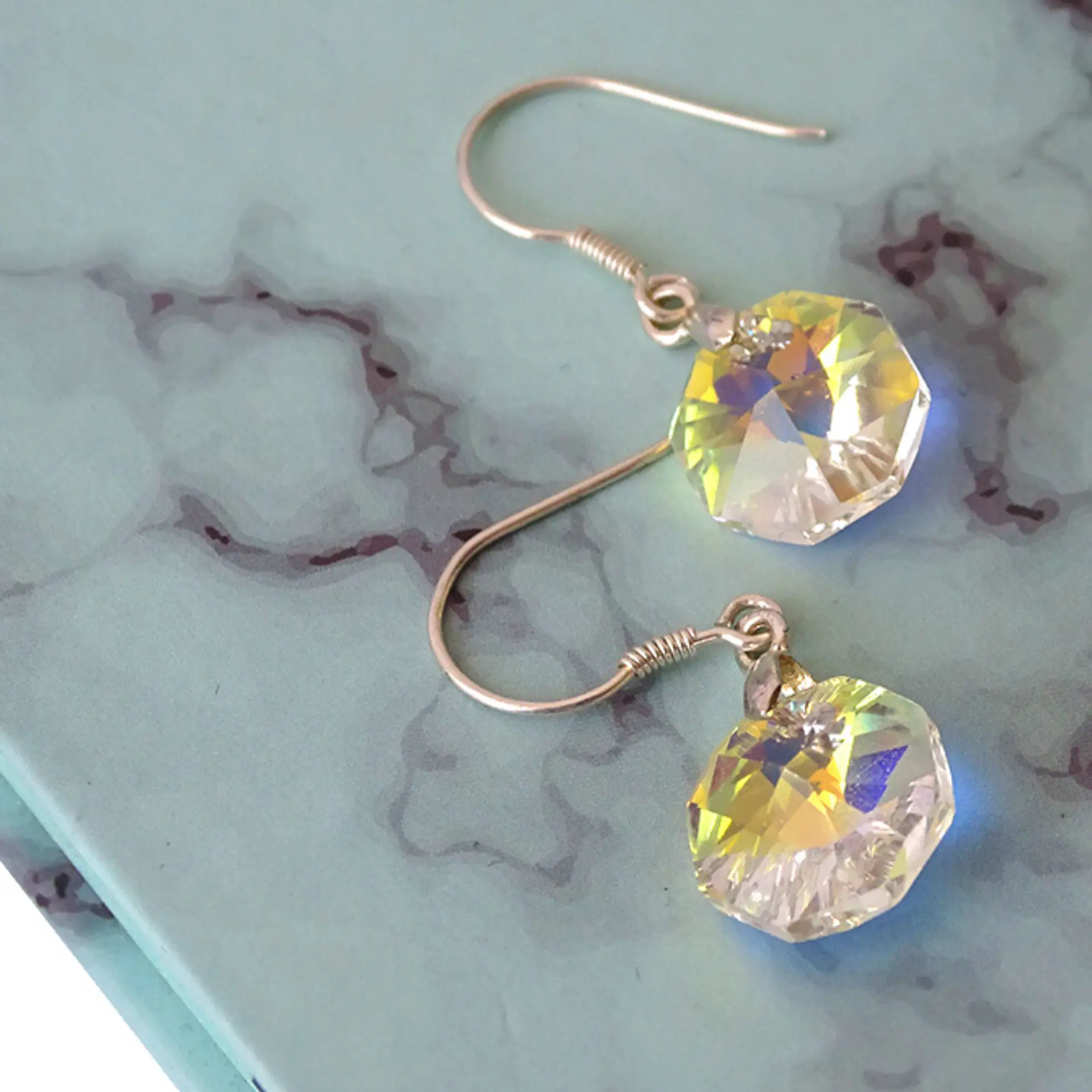 Aros De Plata 925 De Octágonos Cristal Aurora Boreal 3