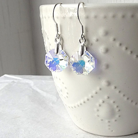 Aros De Plata 925 De Octágonos Cristal Aurora Boreal
