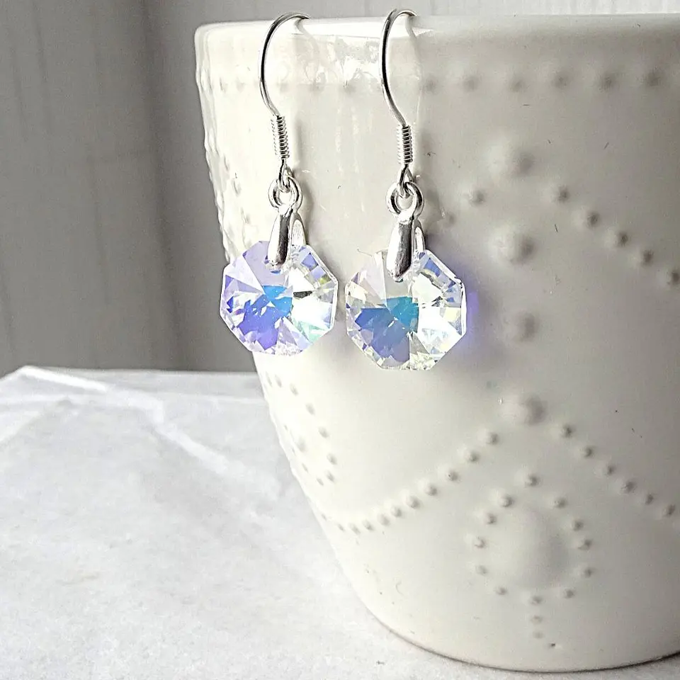 Aros De Plata 925 De Octágonos Cristal Aurora Boreal 2