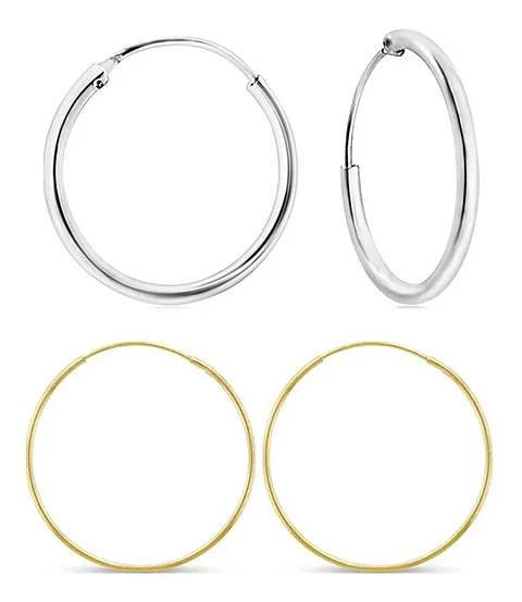 Aros De Plata 925  Set (2 Par) Argollas Plata 20mm Dorada Y Plateada 