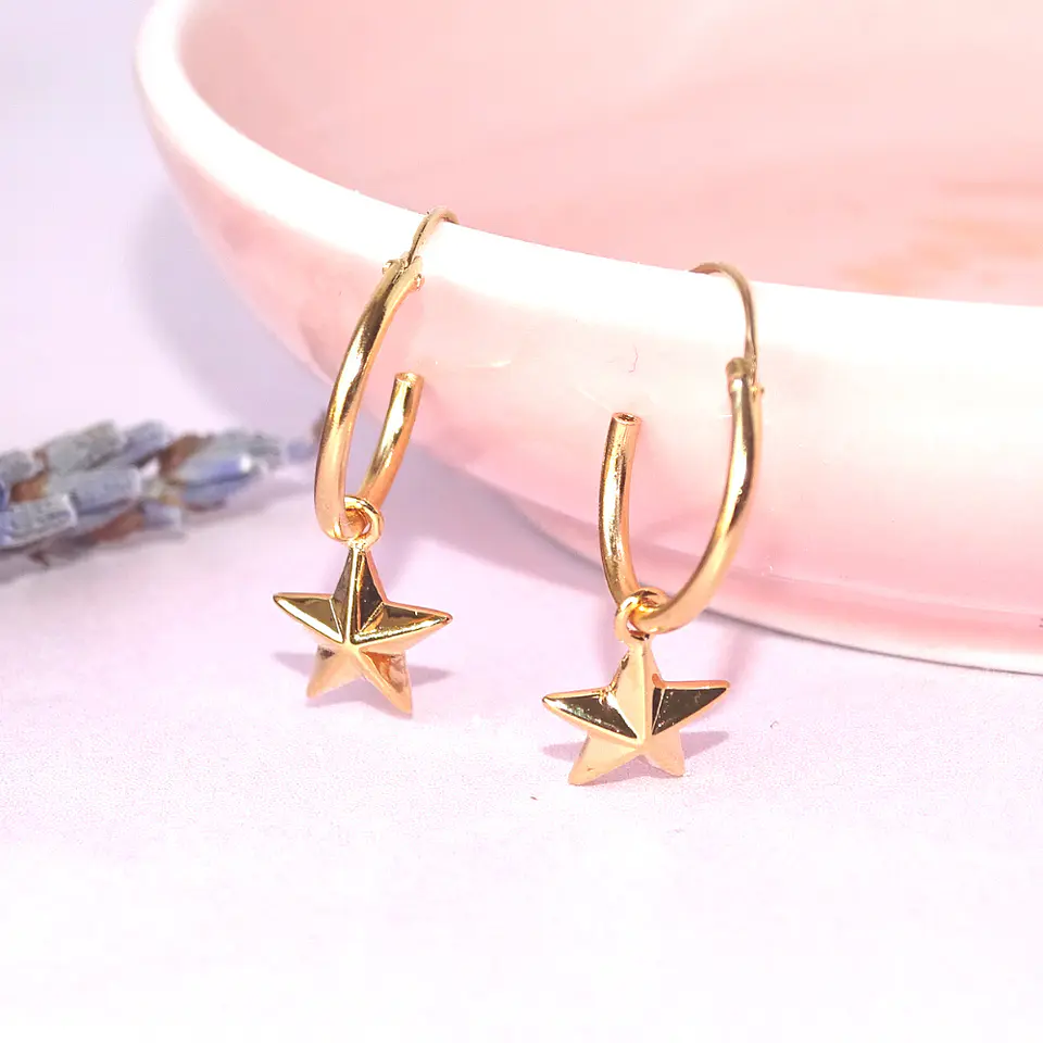 Aros De Plata 925 Con Baño De Oro Argollas Estrella 2