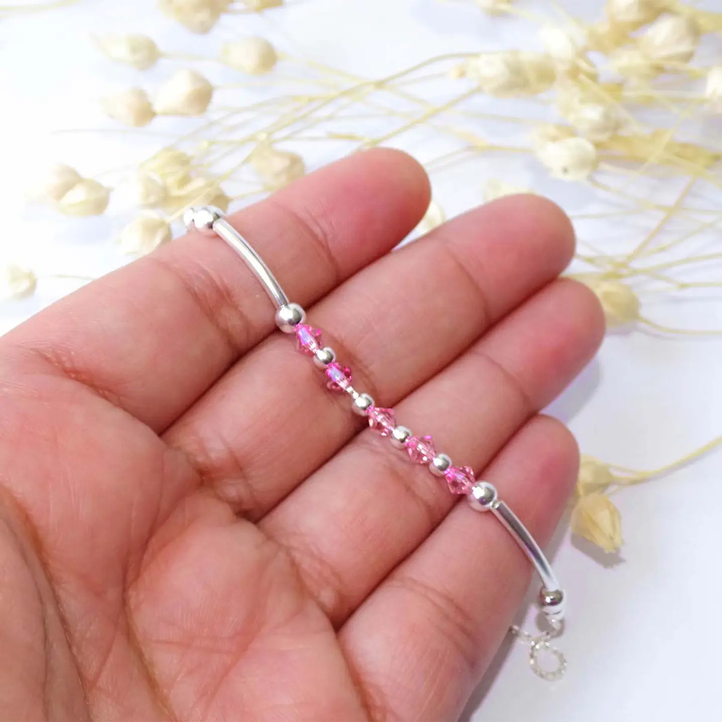 Pulsera De Plata 925 Ajustable Cristales Rosa 2