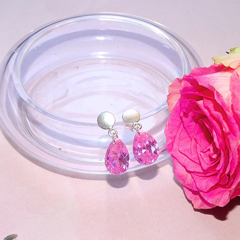Aros De Plata 925 Gotas De Cristal Rosa 2