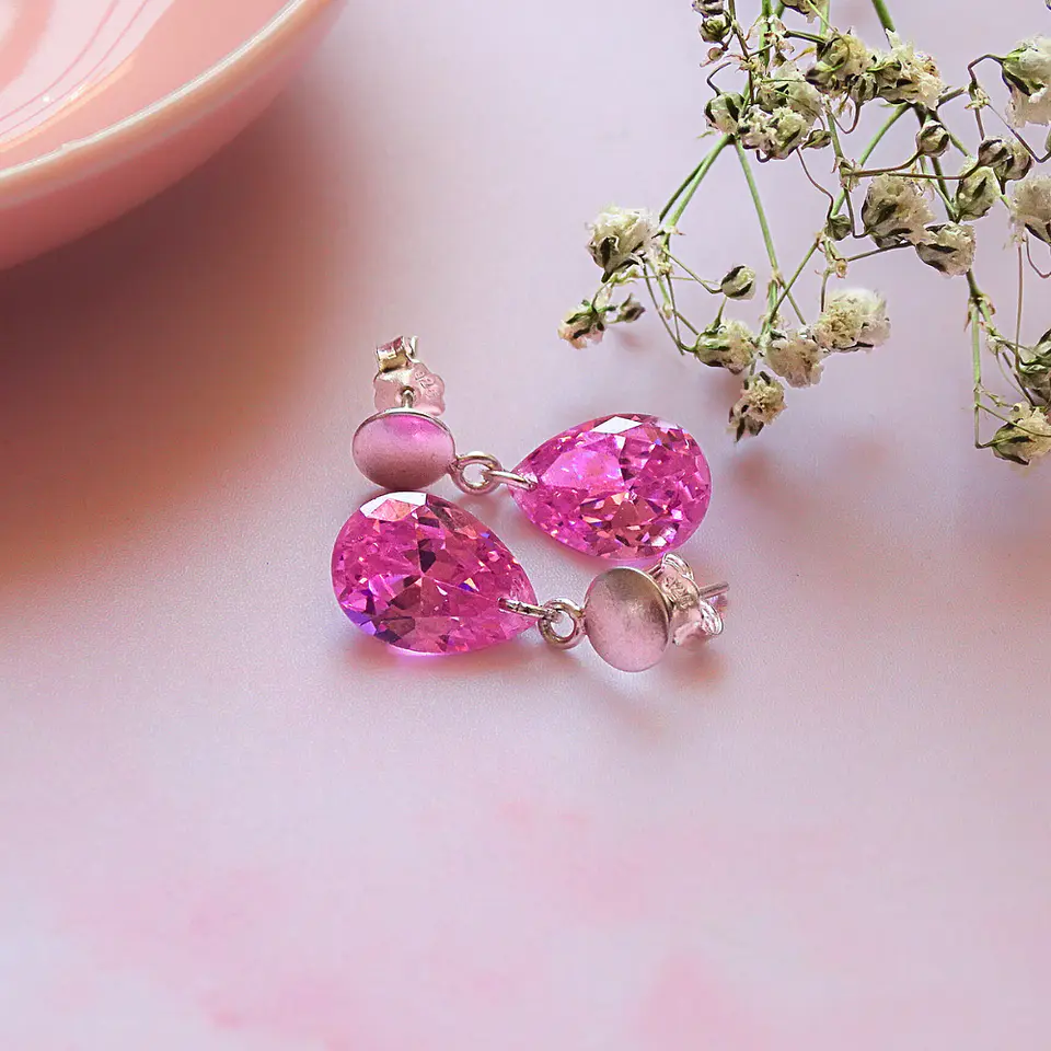 Aros De Plata 925 Gotas De Cristal Rosa 2 3