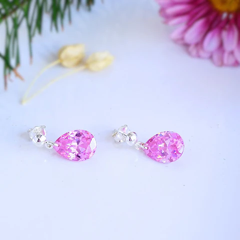 Aros De Plata 925 Gotas De Cristal Rosa 3