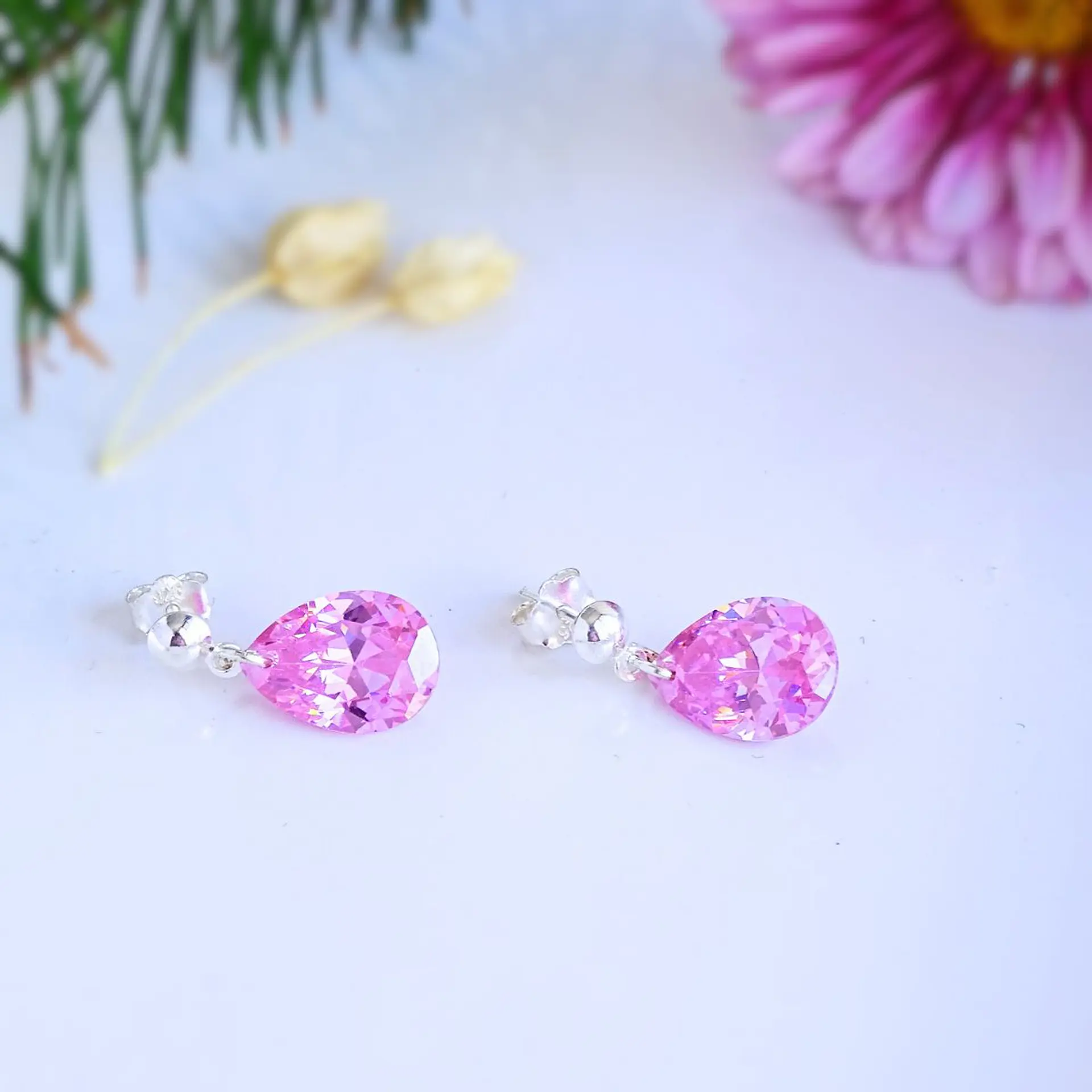 Aros De Plata 925 Gotas De Cristal Rosa 3 2