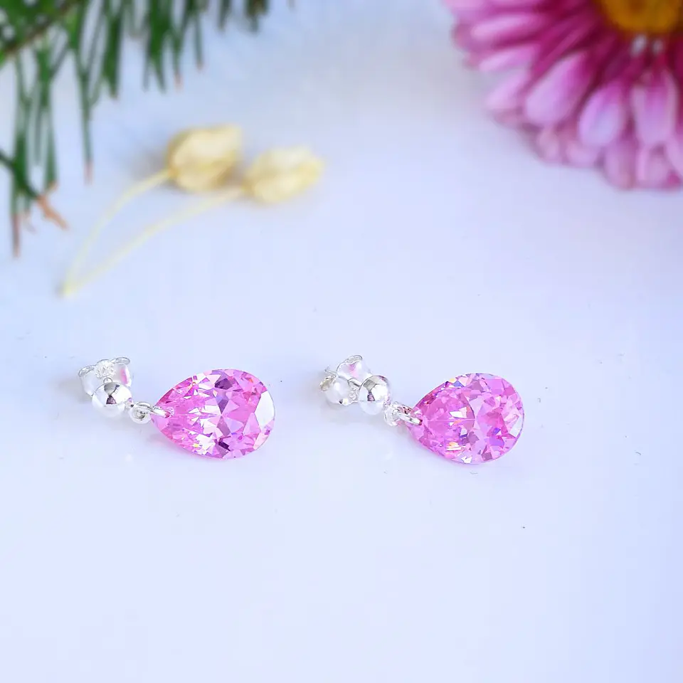 Aros De Plata 925 Gotas De Cristal Rosa 3 2