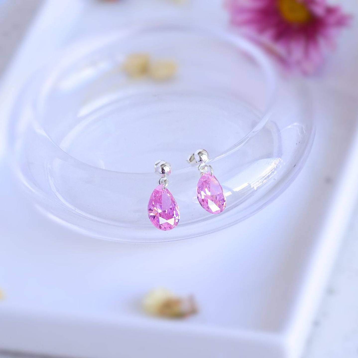 Aros De Plata 925 Gotas De Cristal Rosa 3 3