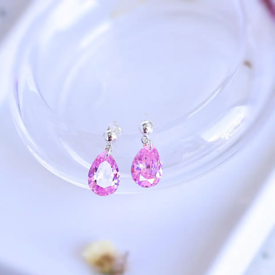Aros De Plata 925 Gotas De Cristal Rosa 3 4